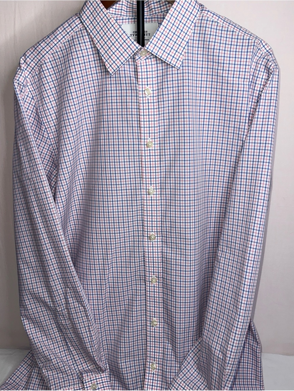 Charles Tyrwhitt Non Iron Slim Fit White Dress Shirt with Blue and Red Check